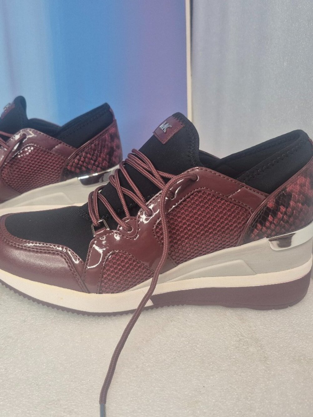 NWOT~Michael Kors Burgundy Faux Snakeskin Wedge Lace Up Sneakers
